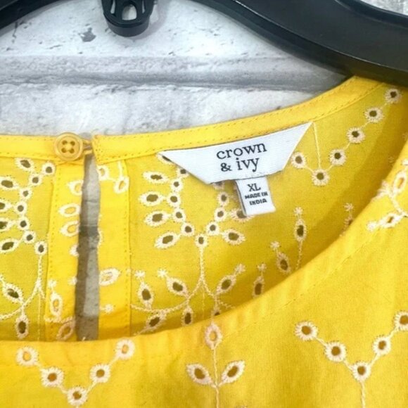 Crown & Ivy Women’s Yellow White Embroidered Eyelet Ruffle Sleeve Blouse - Picture 2 of 3